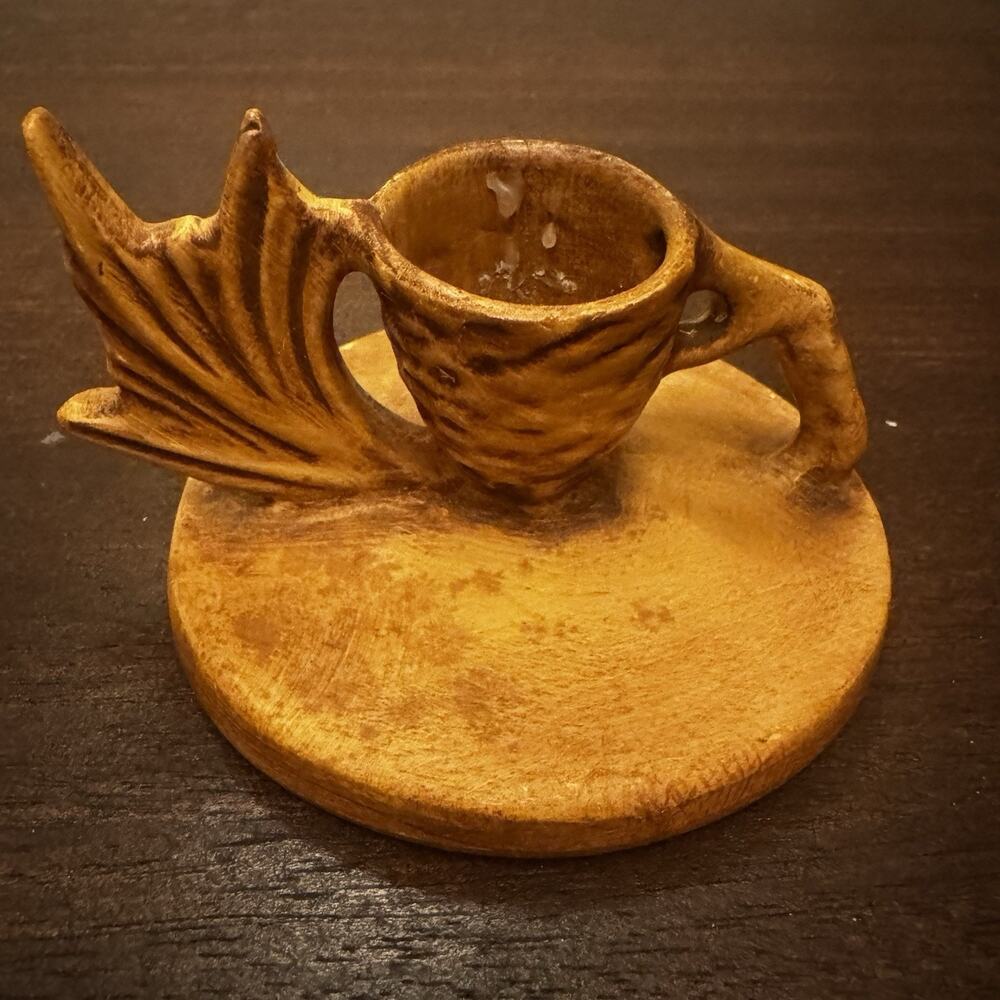 Vintage Candlestick Pine Cone Ceramic Pottery Signed 1970 Brown Earthy Nature